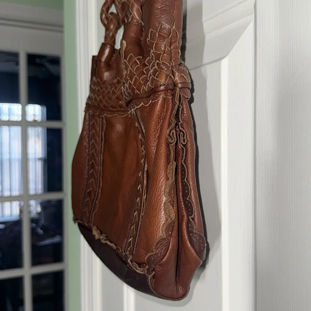 Elliott Luca Brown Pebbled Leather w/ Woven Details Everyday Medium Size Handbag